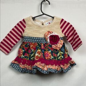 Counting Daisies Multi fabric and print stripe floral ruffle dress 3-6 months